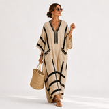 Salma Beige Caftan with Black Stripes